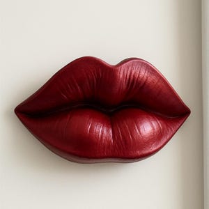 May include: A large, glossy, red sculpture of a pair of lips. The lips are full and detailed, with a slight sheen. The sculpture is mounted on a neutral-colored background, creating a striking contrast.