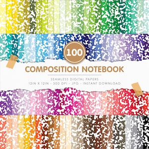 Peut inclure: Une collection de 100 papiers numériques sans couture avec un motif de cahier de composition. Les papiers mesurent 30,48 cm x 30,48 cm et sont disponibles dans une variété de couleurs, notamment le jaune, le vert, le bleu, le violet, le rose, l'orange, le marron et le noir. Le texte "COMPOSITION NOTEBOOK" est également présent.