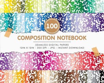 May include: A collection of 100 seamless digital papers with a composition notebook design. The papers are 12 x 12 inches and come in a variety of colors, including yellow, green, blue, purple, pink, orange, brown, and black. The image also includes the text "COMPOSITION NOTEBOOK".