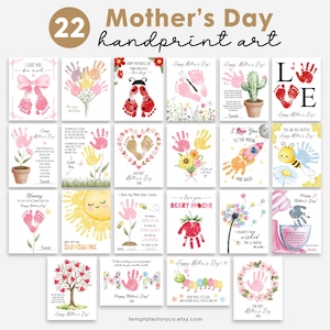 May include: A set of 22 Mother's Day handprint art prints. The prints showcase colourful handprints and footprints in diverse designs, such as flowers, hearts, and a sun. Each print includes text with loving messages for mothers.