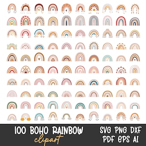 Paquete de 100 Svg de arcoíris boho, Svg de arcoíris lindo, Clipart de arcoíris boho, Svg de arcoíris, Arcoíris dibujado a mano, Pegatinas boho, Png, Descarga instantánea