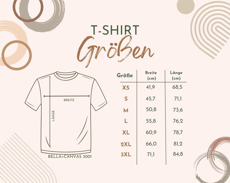 May include: A size chart for t-shirts with measurements in centimeters. The chart shows the size, width, and length of each size from XS to 3XL. The chart is on a white background with brown and beige abstract shapes.