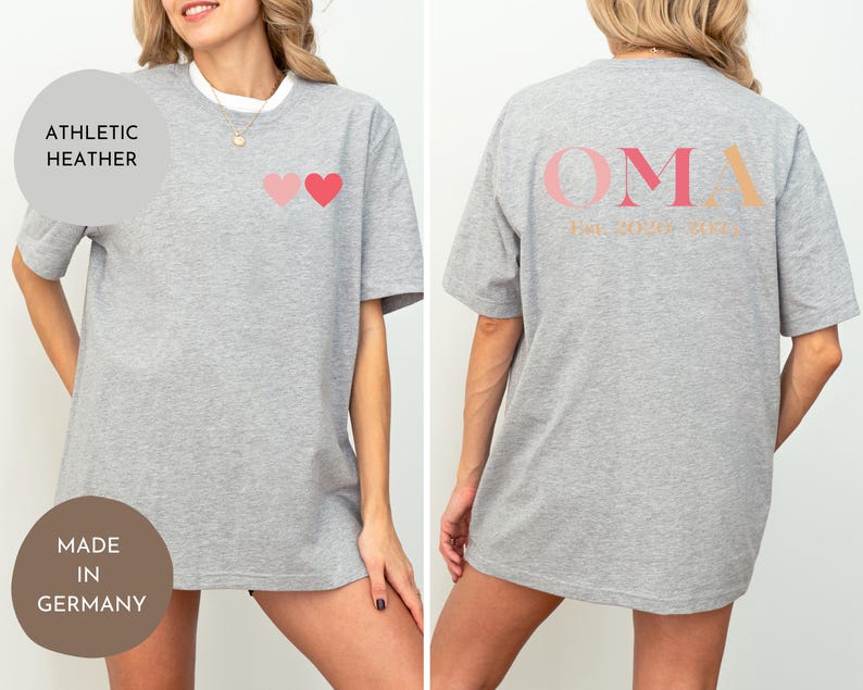 Oma T-Shirt personalisiert mit Jahreszahl, Damen Shirt “Oma” mit Datum, personalisiertes Geschenk für Großmütter, Oma Shirt mit Herzmotiv und Jahr, individuelles Oma T-Shirt mit Datum, personalisiertes Muttertagsgeschenk für Oma, Großmutter Shirt mit Herzen und Jahreszahl, personalisiertes Damen T-Shirt “Oma”, Geschenk für Oma mit individueller Jahreszahl, personalisierbares Shirt für Großmütter mit Datum, Oma T-Shirt mit Herzen und Jahr, personalisiertes Sweatshirt für Oma mit Datum