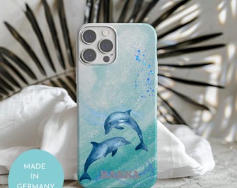 Geschenk Personalisiertes iPhone Case mit Delfin blau Motiv und Namen personalisieren Sommer iPhone Hülle mit Namen Geschenk für Kinder