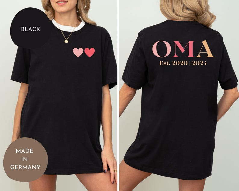 Oma T-Shirt personalisiert mit Jahreszahl, Damen Shirt “Oma” mit Datum, personalisiertes Geschenk für Großmütter, Oma Shirt mit Herzmotiv und Jahr, individuelles Oma T-Shirt mit Datum, personalisiertes Muttertagsgeschenk für Oma, Großmutter Shirt mit Herzen und Jahreszahl, personalisiertes Damen T-Shirt “Oma”, Geschenk für Oma mit individueller Jahreszahl, personalisierbares Shirt für Großmütter mit Datum, Oma T-Shirt mit Herzen und Jahr, personalisiertes Sweatshirt für Oma mit Datum