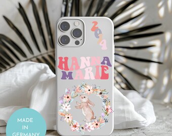 Geschenk personalisiertes iPhone-Case mit modernem Schriftzug Blumenkranz Hase Handyhülle mit Name Geburtsjahr Geschenk Ostern für Kinder