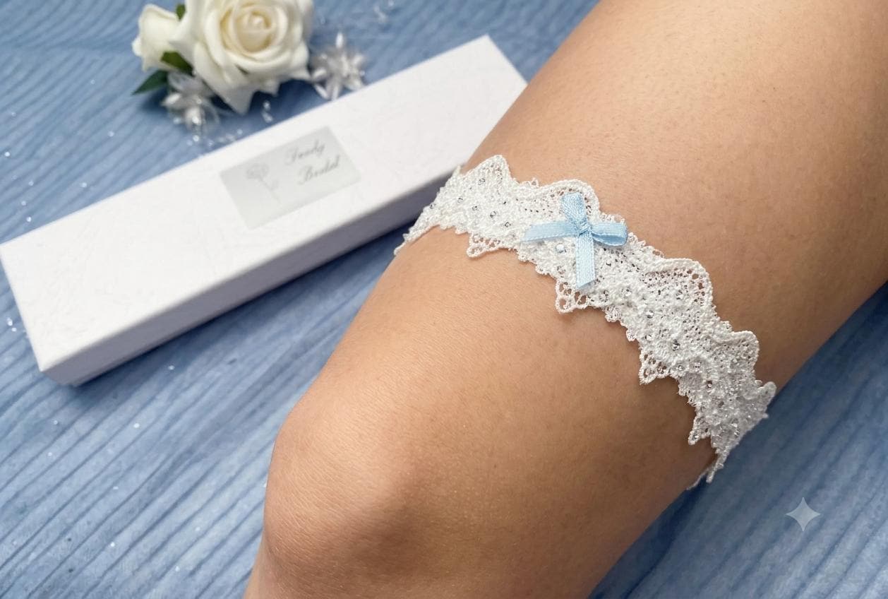 Wedding Garter, Guipure Lace with blue bow, Slimline, Gift Boxed