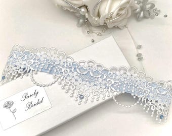 Powder Blue wedding Garter. With Gift box. Off white Guipure Lace