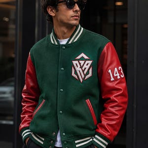 Green Wool Varsity Jacket With Red Leather Sleeves, Letterman Jacket, Men's College Jacket, Vintage Streetwear Bomber, Custom Jacket