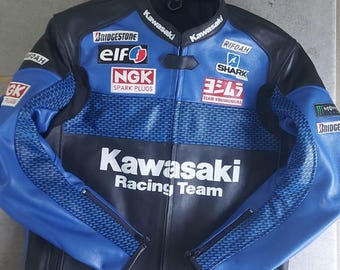 Kawasaki Racing Leather Motorcycle Jacket| CE Armored, Cowhide