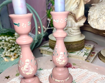 Vintage Hand Painted Pink Candlestick Holders