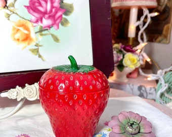 Vintage Kitchen Adorable Bright Red Strawberry Jam Pot Hazel Atlas Glass