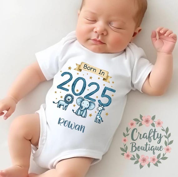 Personalised Custom Name 'born in 2025' Baby Grow Sleep Suit Gift