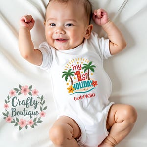 My First Holiday Baby Grow, 1st Holiday Baby Vest, Personalised Baby Gift, Kids 1st Holiday Tshirt, Summer Outfit, Baby Boy Gift - 1372