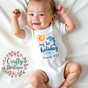 My First Holiday Baby Grow, 1st Holiday Baby Vest, Personalised Baby Gift, Kids 1st Holiday Tshirt, Summer Outfit, Baby Boy Gift - 1316