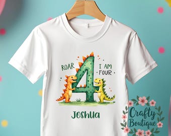 4歳の誕生日Tシャツ、Roar I am Fourシャツ、恐竜の誕生日プレゼント、パーソナライズされた恐竜の衣装、I am 4 Tシャツ、男の子の誕生日トップス - 1147