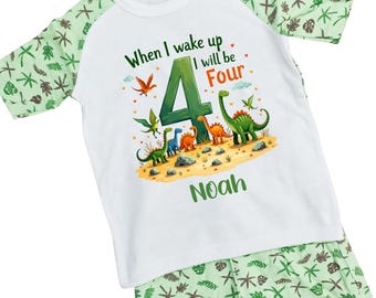 Pigiama per il 4° compleanno, quando mi sveglierò avrò quattro anni, pigiama dinosauro, regalo per il quarto compleanno, pigiama personalizzato con nome e tema dinosauro Roar - 1465