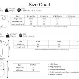 May include: Size chart for baby clothes made of 100% cotton. The chart shows measurements in centimeters for different sizes, from 0-3 months to 18-24 months. The chart also includes information about the weight of the fabric, which is 180 grams per square meter.