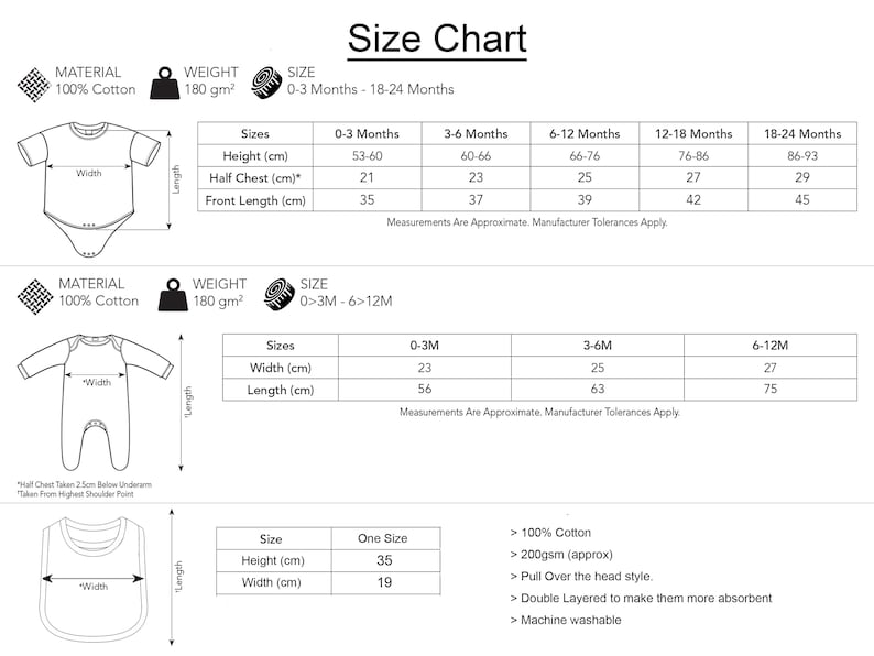 May include: Size chart for baby clothes made of 100% cotton. The chart shows measurements in centimeters for different sizes, from 0-3 months to 18-24 months. The chart also includes information about the weight of the fabric, which is 180 grams per square meter.