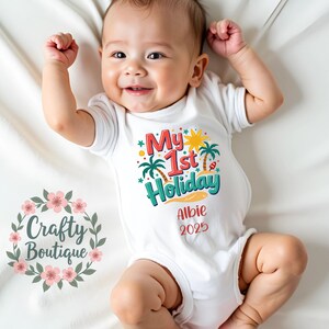 My First Holiday Baby Grow, 1st Holiday Baby Vest, Personalised Baby Gift, Kids 1st Holiday Tshirt, Summer Outfit, Baby Boy Gift - 1375