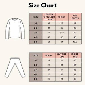 May include: Size chart for clothing with measurements in inches for length, chest, arm length, waist, outside leg, and inside leg. The chart includes sizes 1-2, 2-3, 3-4, 4-5, and 5-6.