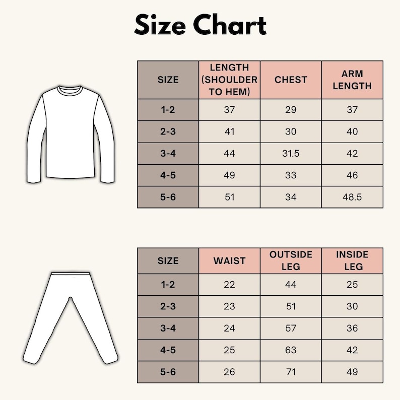 May include: Size chart for clothing with measurements in inches for length, chest, arm length, waist, outside leg, and inside leg. The chart includes sizes 1-2, 2-3, 3-4, 4-5, and 5-6.