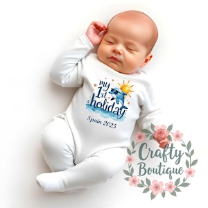 My First Holiday Baby Grow, 1st Holiday Baby Vest, Personalised Baby Gift, Kids 1st Holiday Tshirt, Summer Outfit, Baby Boy Gift - 1318