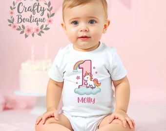 1st Birthday Girls Unicorn Pink Theme Cake Smash Baby Grow Vest One Tee Shirt Custom Name Personalised Gift Outfit First Birthday Top - 1005