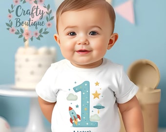 1st Birthday Rocket Space Theme Cake Smash Baby Grow Vest One Tee Shirt Custom Name Personalised Gift Outfit First Birthday Blue Top - 1002