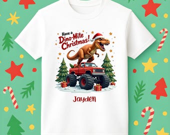 Dinosaur Christmas T-Shirt, Personalised Xmas Holiday Shirt, Christmas Party Top, Dino Mite Dinosaur Top, Monster Truck Tshirt - 1897