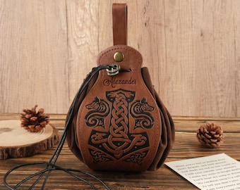 Personalized Leather Viking Pouch, Medieval Belt Bag for Men, Norse LARP Festival Accessory, Steampunk Halloween Costume