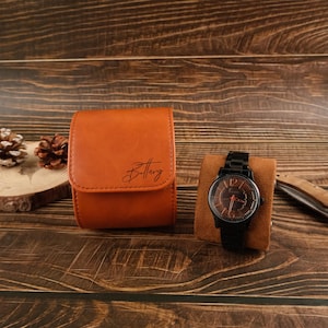Personalized Leather Watch Box - Vegan Leather Watch Storage Case - Custom Engraved Watch Organizer Gift for Him