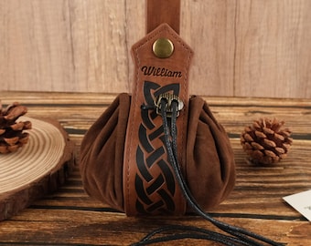 Personalized Leather pouch, Norse mythology drawstring waistband holder Odin pagan coin bag sack viking Medieval, Fantasy Cosplay Waist Bag