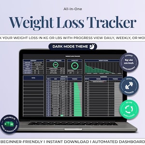 May include: A laptop screen shows a weight loss tracker in dark mode. The tracker allows tracking weight loss in kg or lbs, with daily, weekly, or monthly progress views. Measurement options include cm and inch. Circular icons indicate measurement, progress, and re-use.