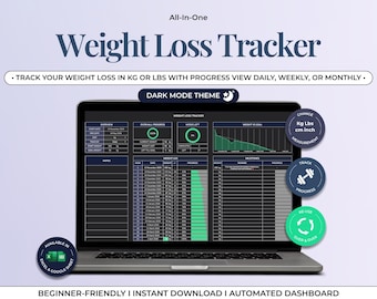 Weight Loss Tracker Spreadsheet Google Sheets and Excel, Weight loss Tracker Daily Weekly Monthly, Body Measurement Log (Dark Theme)