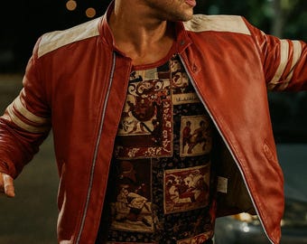 Tyler Durden Fight Club Jacket: Red Sheepskin Leather, 90s Grunge