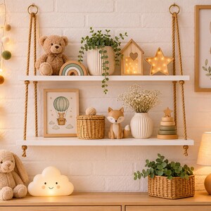 May include: Two white wooden shelves suspended by thick jute ropes, featuring a brown teddy bear, a rainbow arch, a potted plant, a wooden house light, a star light, a framed hot air balloon print, a woven basket, a fox figurine, and a stacker.