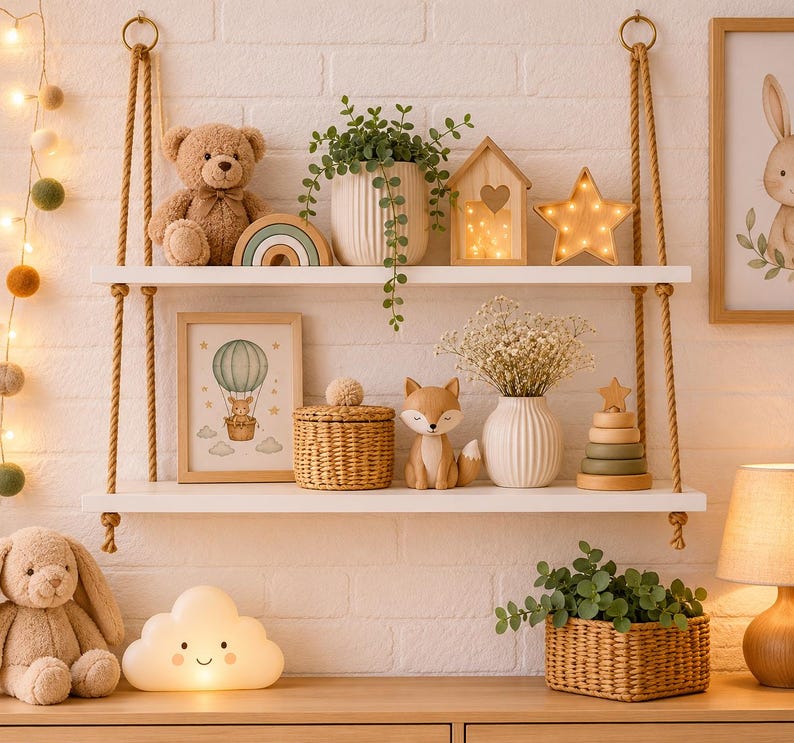 May include: Two white wooden shelves suspended by thick jute ropes, featuring a brown teddy bear, a rainbow arch, a potted plant, a wooden house light, a star light, a framed hot air balloon print, a woven basket, a fox figurine, and a stacker.