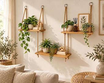 Rope Hanging Shelf, Golden Oak Laminated Board, étagère murale, Wandregal für Pflanzen, Hängeregal Fenster, Kids Room Decor