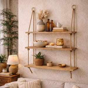 May include: A three-tiered wooden hanging shelf with rope supports, adorned with decorative items. The top shelf holds a vase with dried flowers and amber glass bottles. The middle shelf displays a bowl of spheres, books, and a candle. The bottom shelf features a potted plant.
