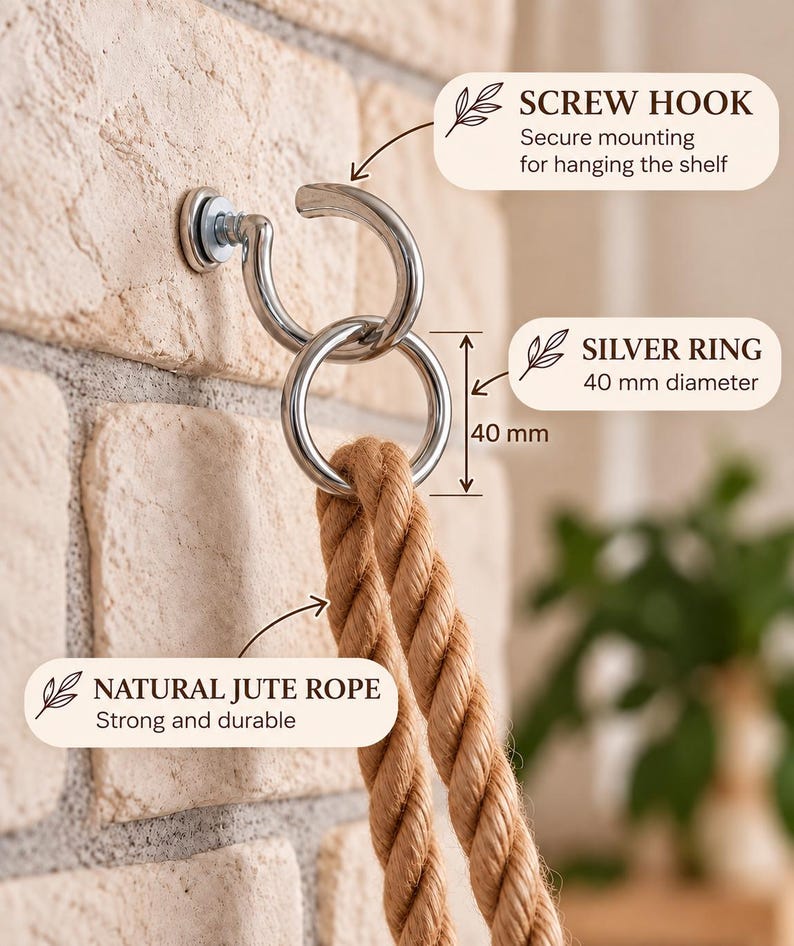 May include: A silver screw hook mounted to a wall, holding a silver ring with a 40 mm diameter. A natural jute rope is looped through the silver ring. Text labels indicate the screw hook for mounting, the 40 mm silver ring, and the jute rope.