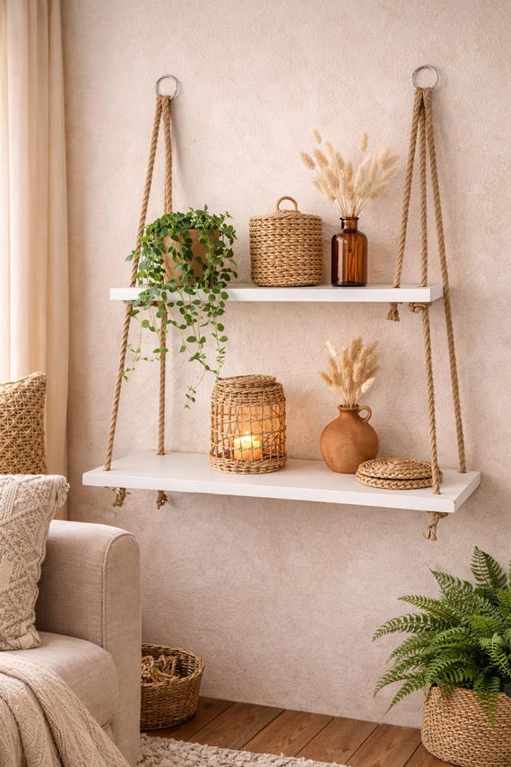 Hängeregal Holz White Rope Shelf | Wandregal Weiß Scandi Style | Minimalist Hängeregal Wandregal Holz | Boho Étagère Murale