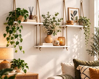 White Rope Hanging Shelf, étagère murale, Wandregal, Wandregal für Pflanzen, Hängeregal Fenster, Kids Room Decor