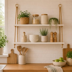 May include: Two white wooden shelves suspended by thick tan ropes against a white brick wall. The shelves hold a woven basket with a plant, glass jars, ceramic bowls, a potted rosemary plant, and two wooden salt and pepper grinders.