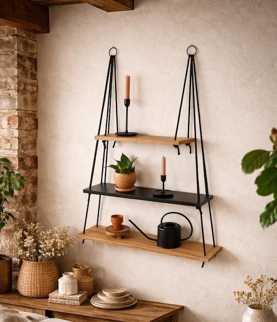3-stöckiges Hängeregal aus Holz – Schwarz | Wandregal mit Seil für Kinderzimmer, Wohnzimmer, Schlafzimmer oder als Geschenkidee