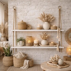 May include: Two white wooden shelves suspended by thick jute ropes against a white brick wall. The shelves hold woven baskets, white ribbed vases with dried pampas grass, candles in textured holders, and a long wooden bead garland with tassels.