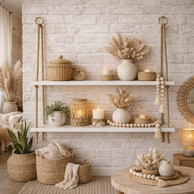 May include: Two white wooden shelves suspended by thick jute ropes against a white brick wall. The shelves hold woven baskets, white ribbed vases with dried pampas grass, candles in textured holders, and a long wooden bead garland with tassels.