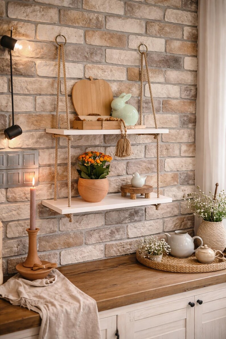 May include: A two-tier white wooden hanging shelf suspended by thick tan rope. The top shelf holds a wooden apple-shaped board and a light green ceramic rabbit. The bottom shelf features a potted orange flowering plant and a small white bird figurine.