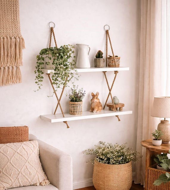 Hängeregal, Kinderzimmer Wandregal Rattan, Shelf Ropes, Étagère Painting, Regal mit Seilen, handgemachtes weißes Wandregal
