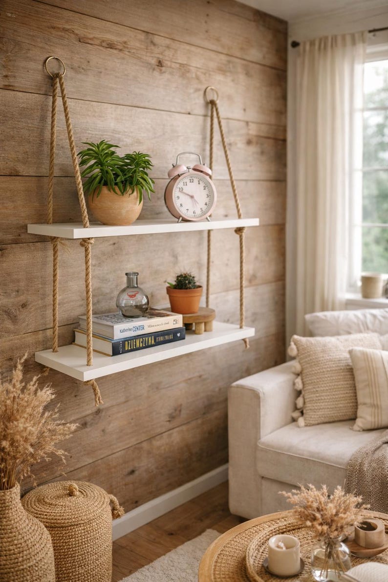 May include: A two-tier white floating shelf suspended by thick tan rope from two metal rings. The top shelf holds a green plant in a tan pot and a pink twin-bell alarm clock. The bottom shelf holds a glass bottle, a small cactus, and two books.